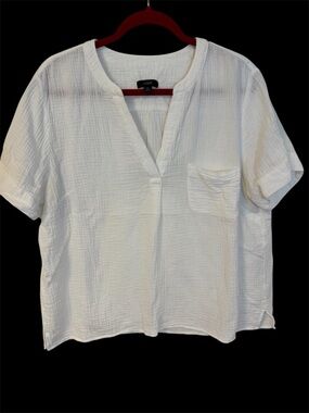 J. Crew White Split-Neck Cotton Short-Sleeve Blouse